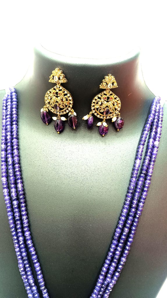 Royal Blue Beads Long Necklace with Kundan Pendant and Earrings Set view 2