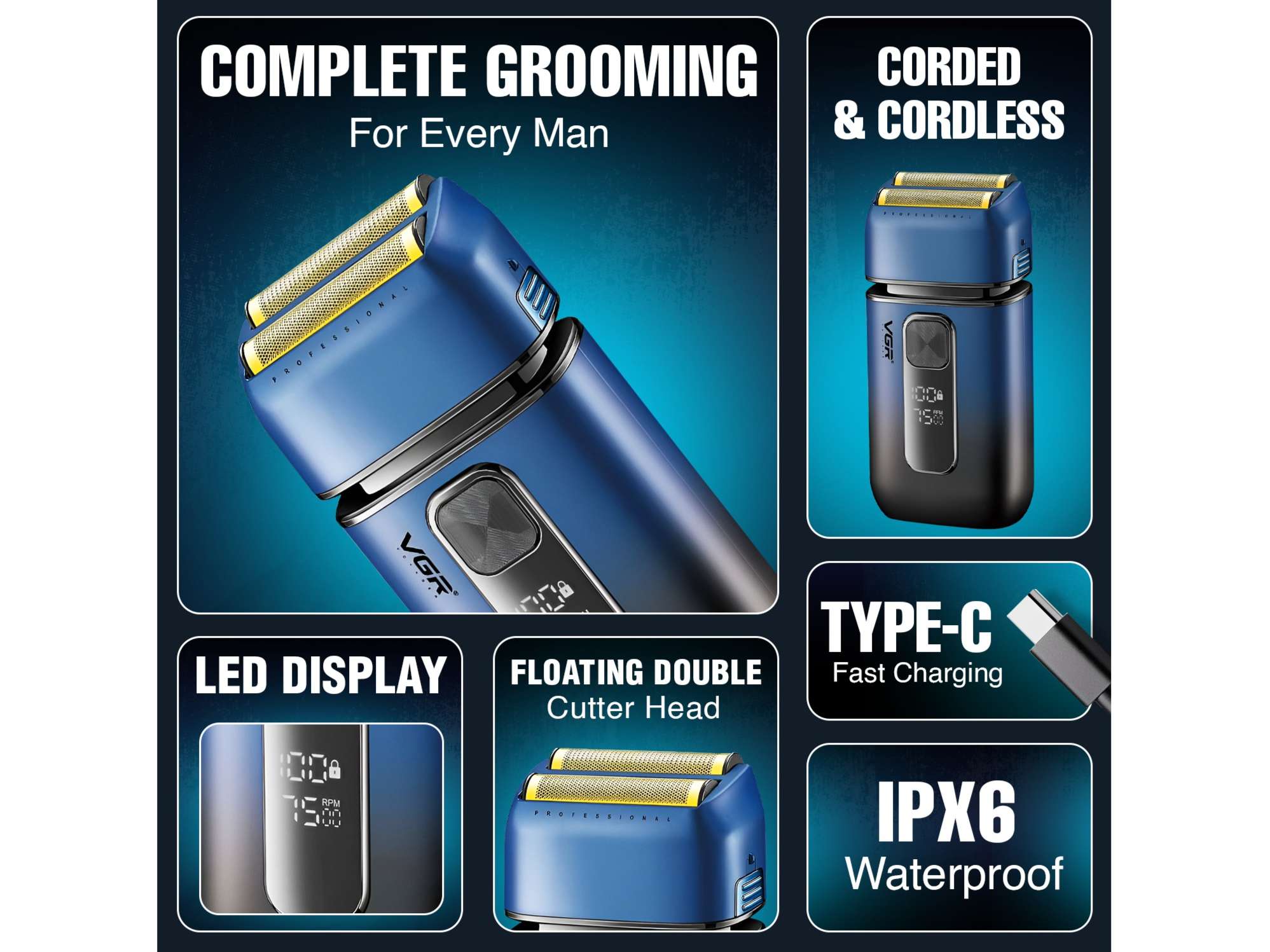 VGR V-362 Professional Shaver For Men (White, Blue) view 2