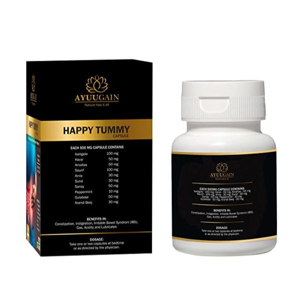 Ayuugain Happy Tummy , Constipation Medicine Ayurvedic with 10 Natural Herbs , 60 Veg Capsules view 2