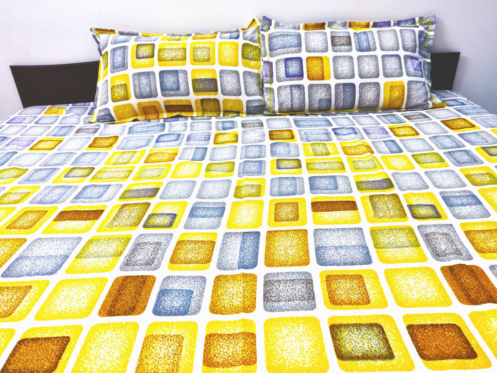 Omkar by R3 Inc. 250 TC Geometric Print Heavy Cotton Satin Double Bed Sheet with Pillow Cover Yellow view 2