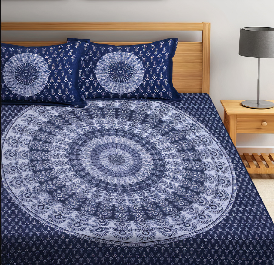 Lali Prints Blue White Printed Cotton 130 TC Queen Bedsheet With 2 Pillow Covers view 2