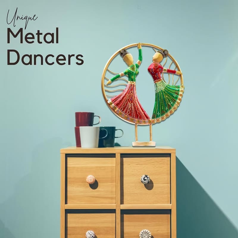 MOHD YASIN - Vibrant Rajasthani Graceful Dancers Tabletop Showpiece - Iron Hand-Painted Home Decor - Ideal for Wedding, Anniversary & Housewarming Gifts (Circle Dancers) view 2