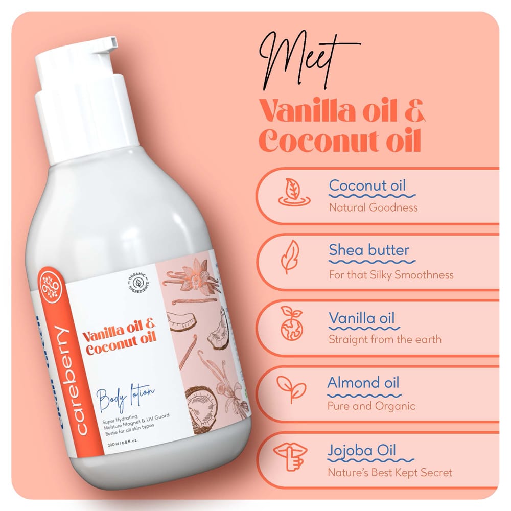 Careberry Vanilla & Extra Virgin Coconut Oil Body Lotion, Ultra Moisture, Fast-Absorbing, Ayush Certified, Paraben & Silicone Free 200ml view 2