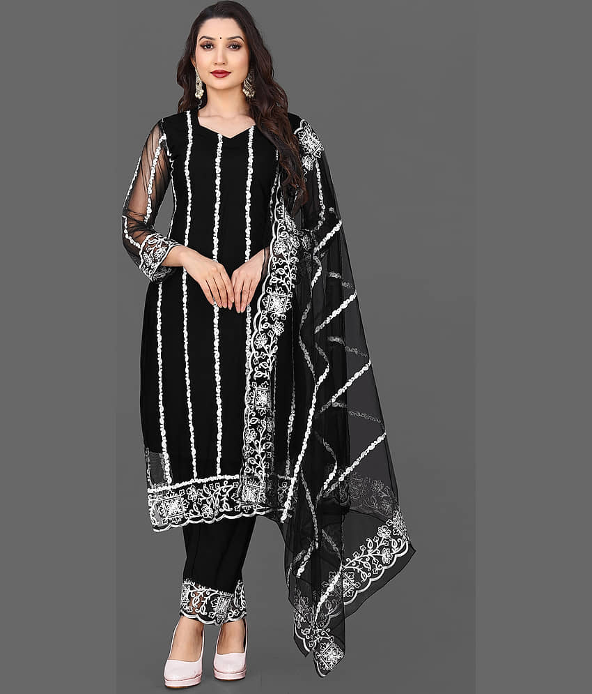 VARNI VESH Net Embroidered Kurti With Pants Women's Stitched Salwar Suit - Black ( Pack of 1 )