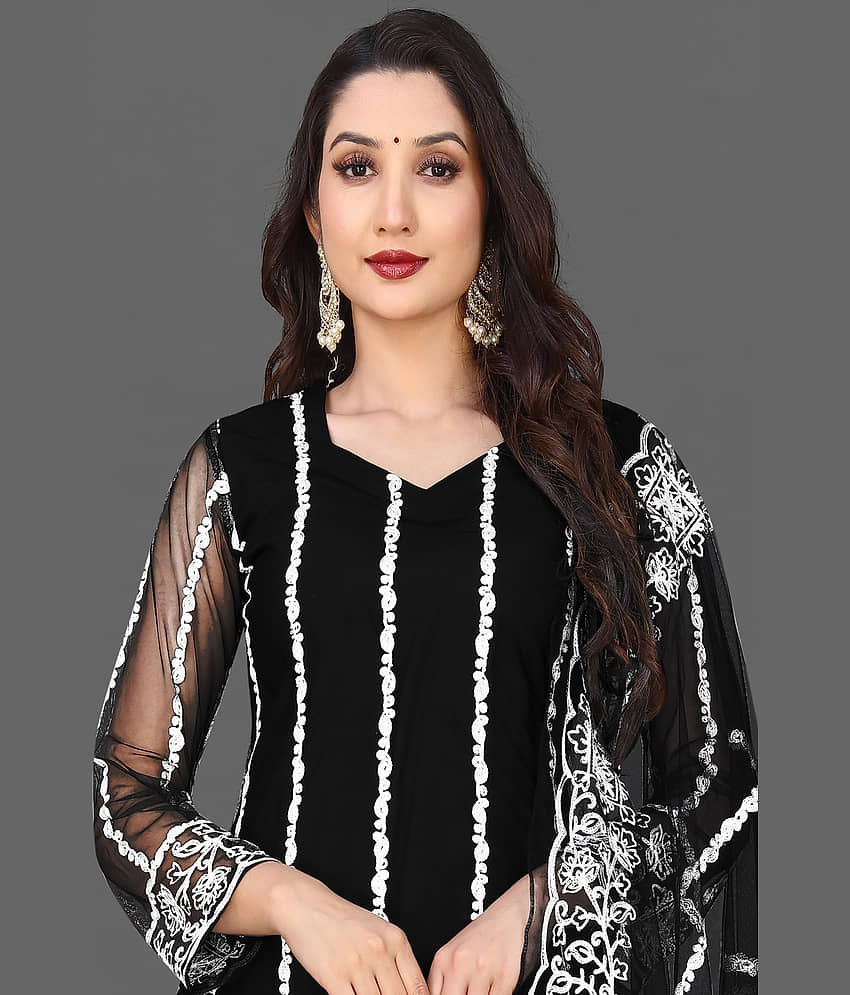 VARNI VESH Net Embroidered Kurti With Pants Women's Stitched Salwar Suit - Black ( Pack of 1 ) view 2