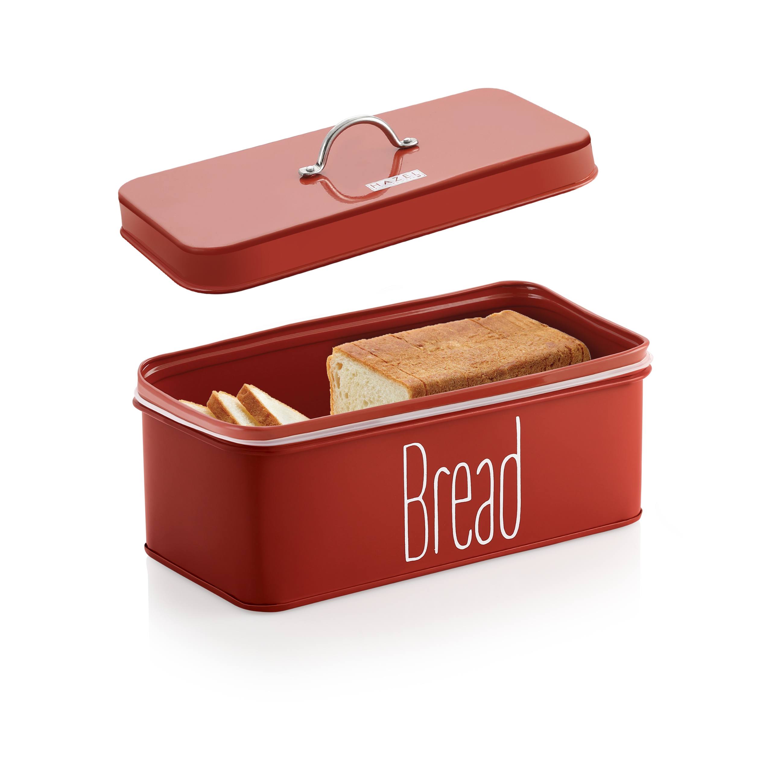 HAZEL Metal Bread Box with Handle Lid, 4100 ml Bread Storage Box for Kitchen , Bread Dispenser Box , Food Grade Storage Box for Kitchen (Red) view 2