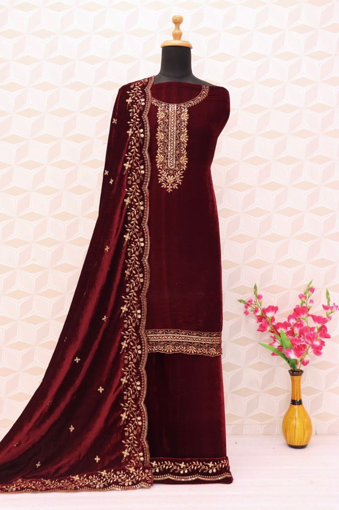 Lorenvelley Fashion Maroon Velvet Salwar Suit Material Embroidered view 2