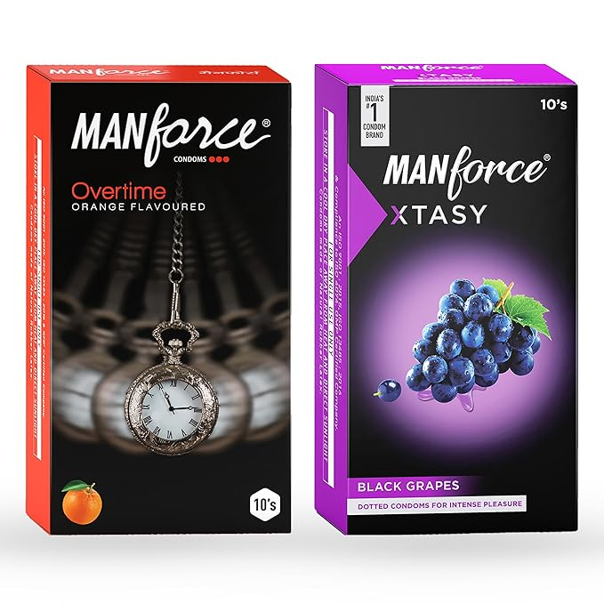 MANFORCE 3 in 1 (Ribbed Contour Dotted) Wild Black Grapes Flavoured Condoms- 10 Pieces & 3 in 1 Condoms (Ribbed Contour Dotted) Overtime Orange Flavoured- 10 Pieces Condom (Set of 2 20 Sheets)