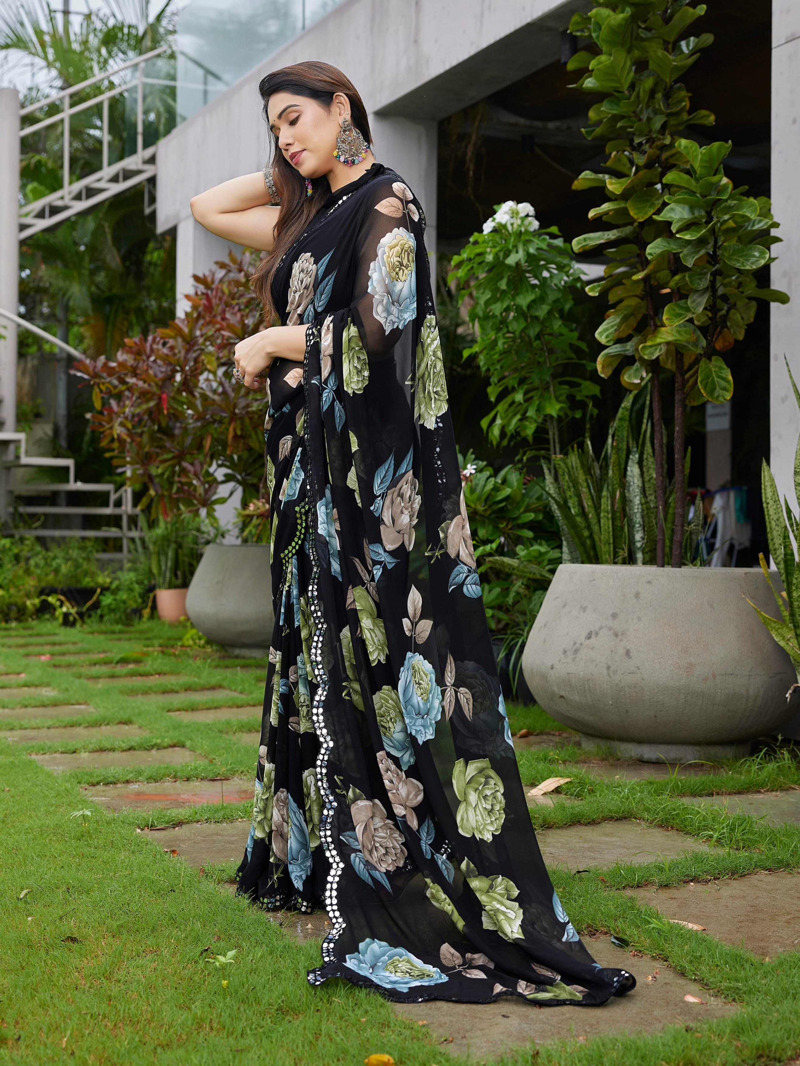 Floral Printed Georgette With Mirror Work Border view 2