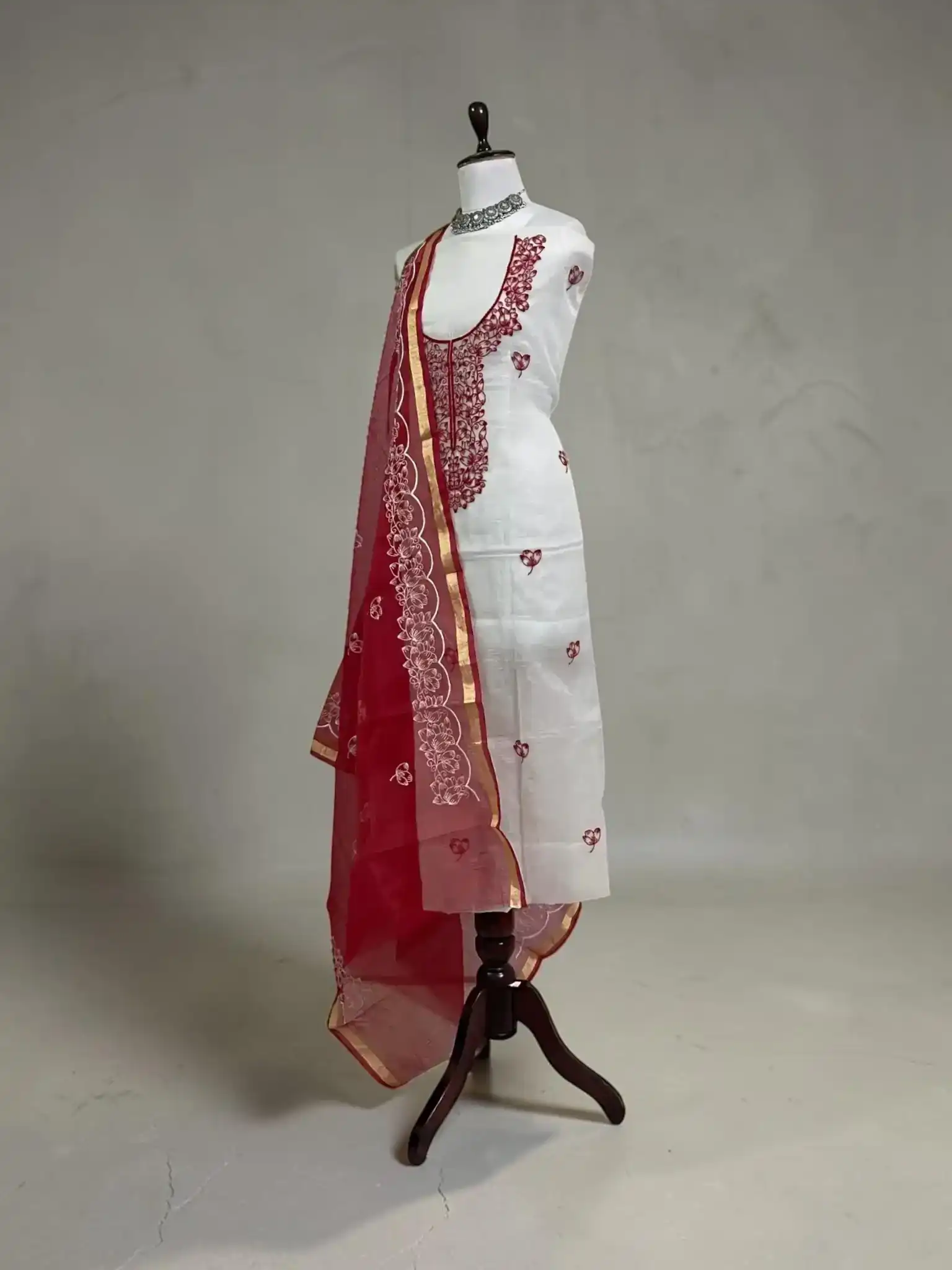 Kota Doria Maroon Red Cotton-Silk Dress Material with Hand Embroidery view 2