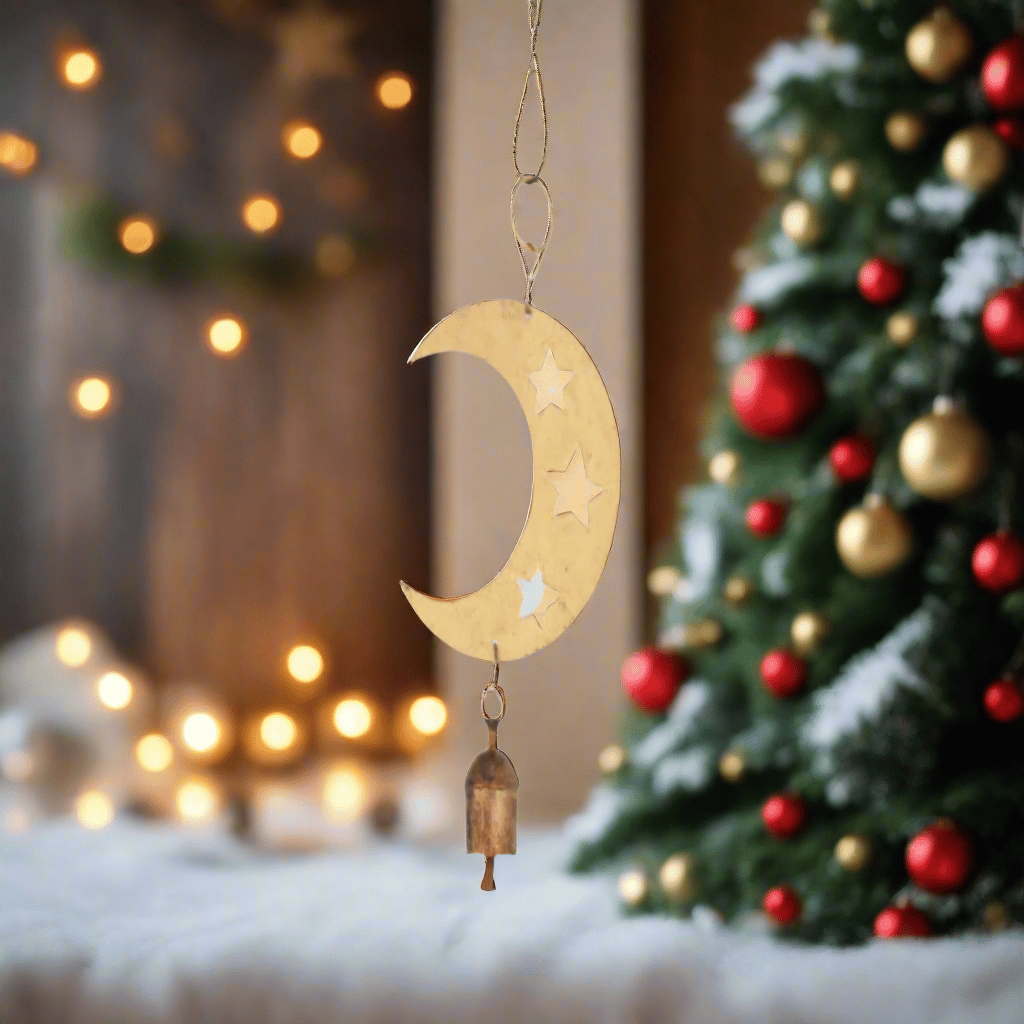 Unique Brass Crescent Moon and Stars Hanging Bell view 2