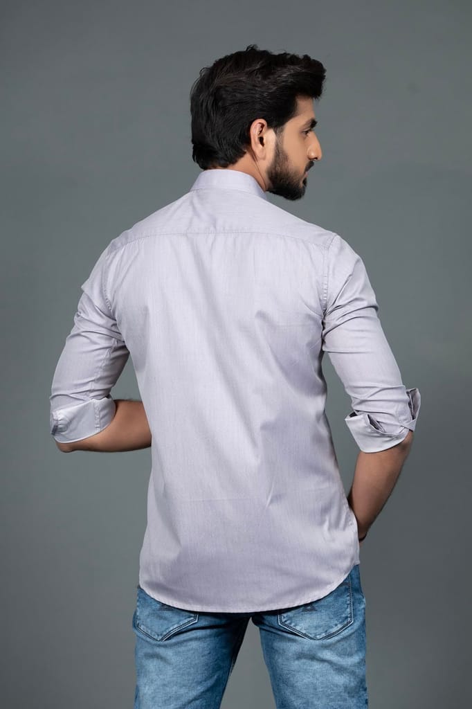 Vooz Men's Slim Fit Casual Shirt, Long Sleeve with Cut Away Collar, Light Grey, Made in India view 2