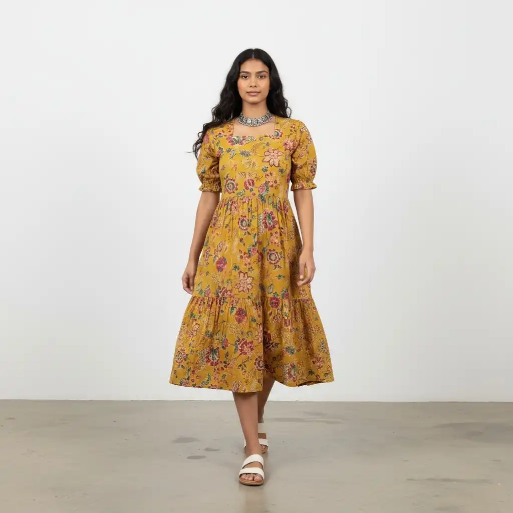 Jaipur Cotton Kurti in Chartreuse with Screen-Printed Floral