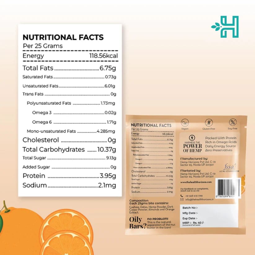 Health Horizons Plant Protein Bites | Orange & Dark Chocolate Flavour |3.9g Protein per bite | Hemp Protein Powder, Almonds, Date Paste, Cashew, Dark Chocolate, Orange Extract | Gluten-free, Vegan for Energy and Fitness (Pack of 12) view 2