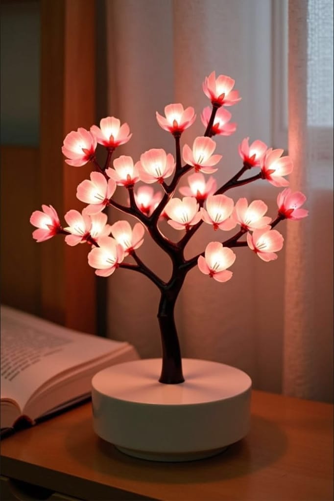 Artificial LED Cherry Blossom Bonsai Tree Lamp with White Base view 2