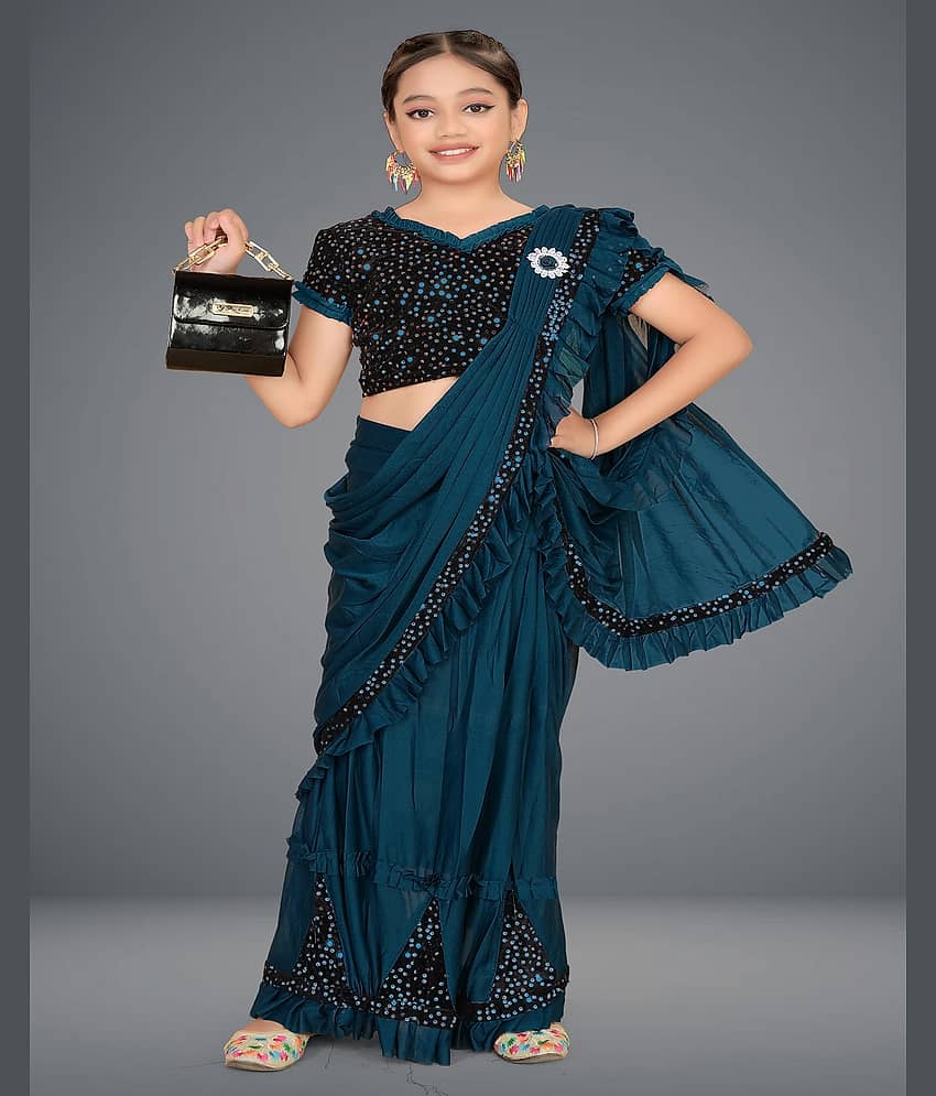 HARPITA Lycra Classic Saree For Girls ( Navy Blue , Pack of 1 )
