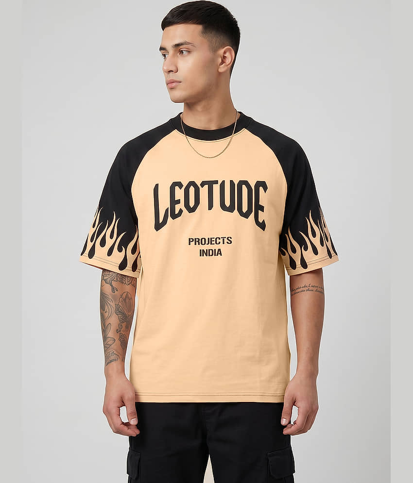 Leotude Men Cotton Blend Oversized Fit Printed T-Shirt ( Beige ) view 2