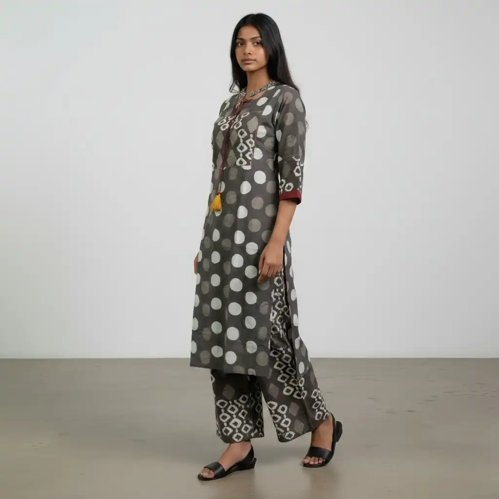 Handloom Cotton Co-Ord Set in Charcoal with Hand Embroidery view 2