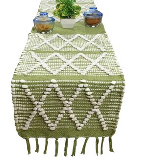Elegant Green Geometric Table Runner with Decorative Fringes