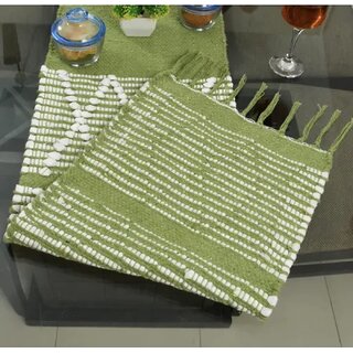 Elegant Green Geometric Table Runner with Decorative Fringes view 2