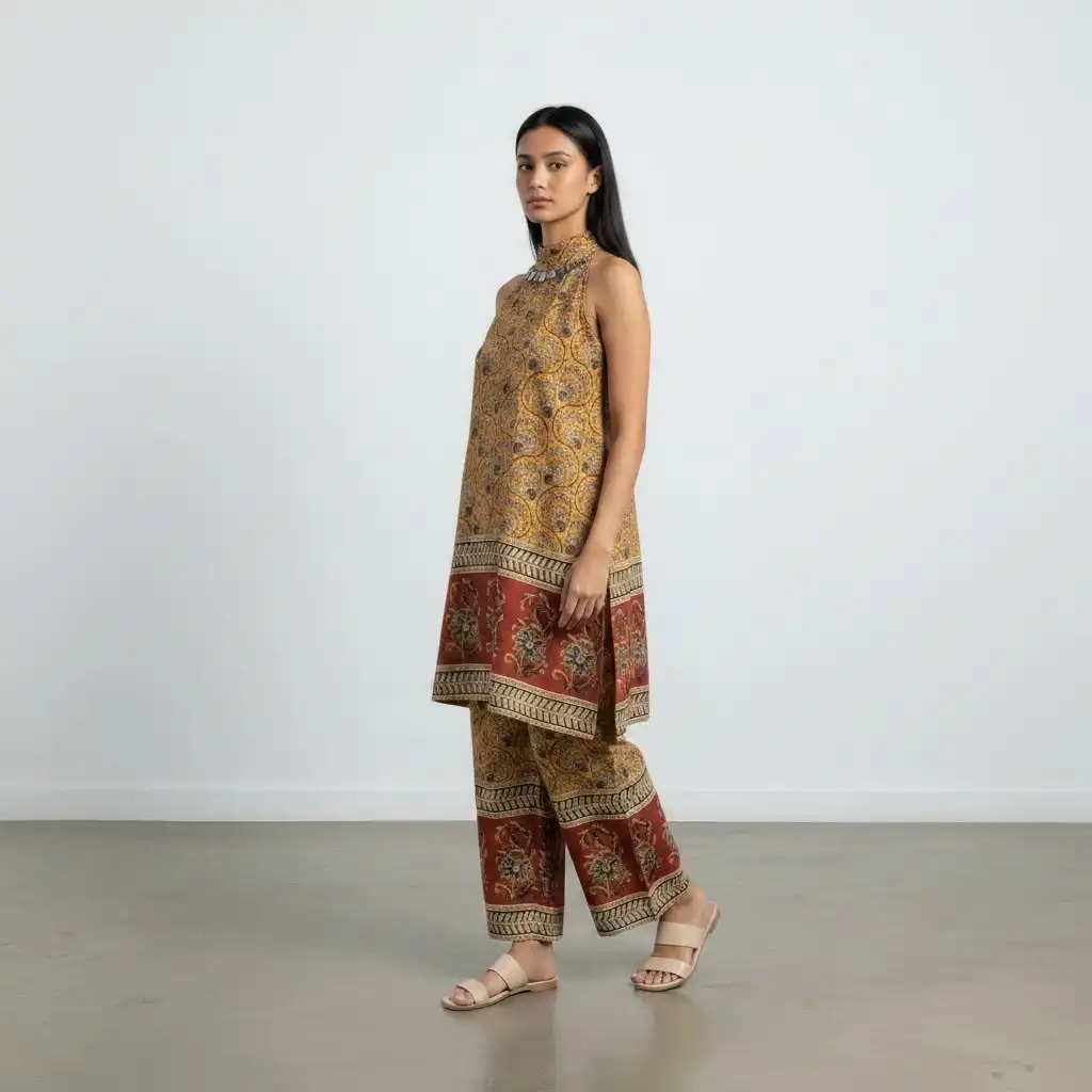 Handloom Cotton Co-Ord Set in Mustard with Paisley Print and Pockets view 2