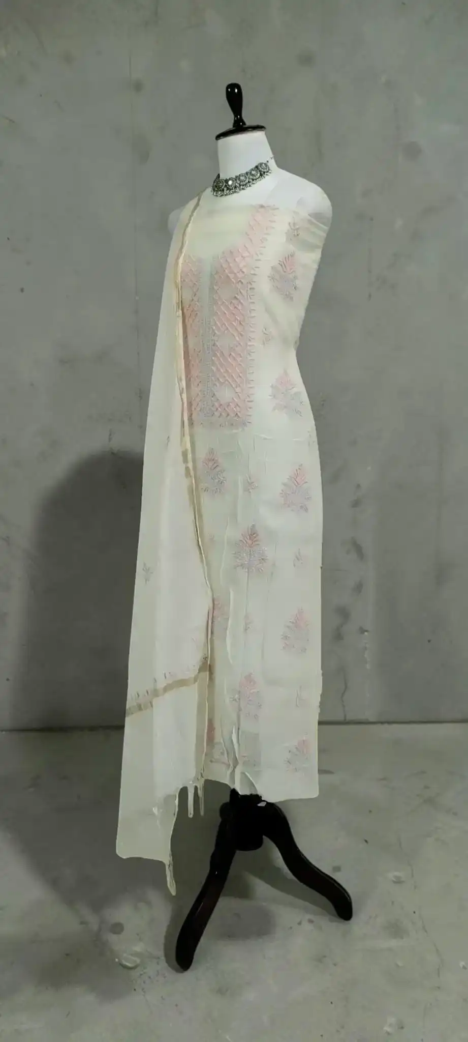 Lucknow Chikankari Dress Material in White and Ivory Mul Cotton view 2