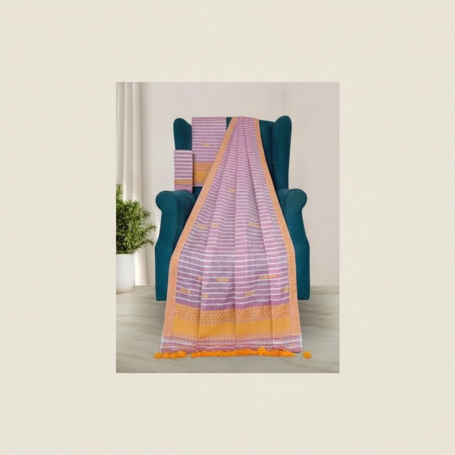 Purple & Orange Striped Tasselled Saree view 2