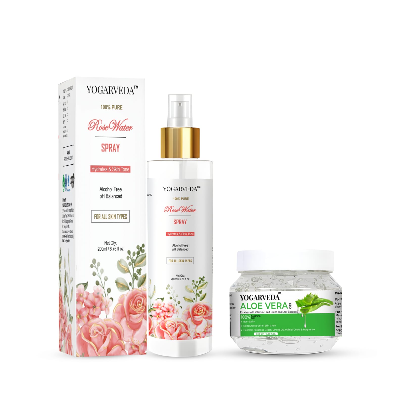 YOGARVEDA 100% Pure Rose Water Spray 200ml & Aloe Vera Gel 200g Combo (200 ml, 200 g)