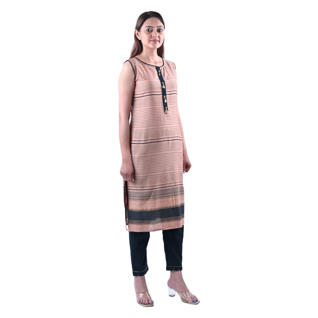 Cotton Rayon Mix Fabric Sleeveless Zari Bead Work A Line Kurti Pant Set Women's Color- Peach view 2
