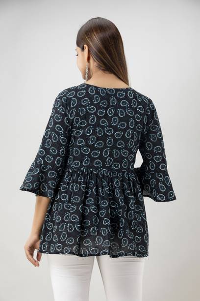 Party Bell Sleeves Printed Women Black Top view 2
