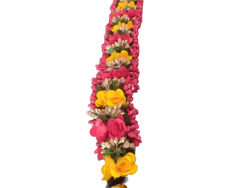 Pink and yellow artificial flower gajra with black hair extension view 2
