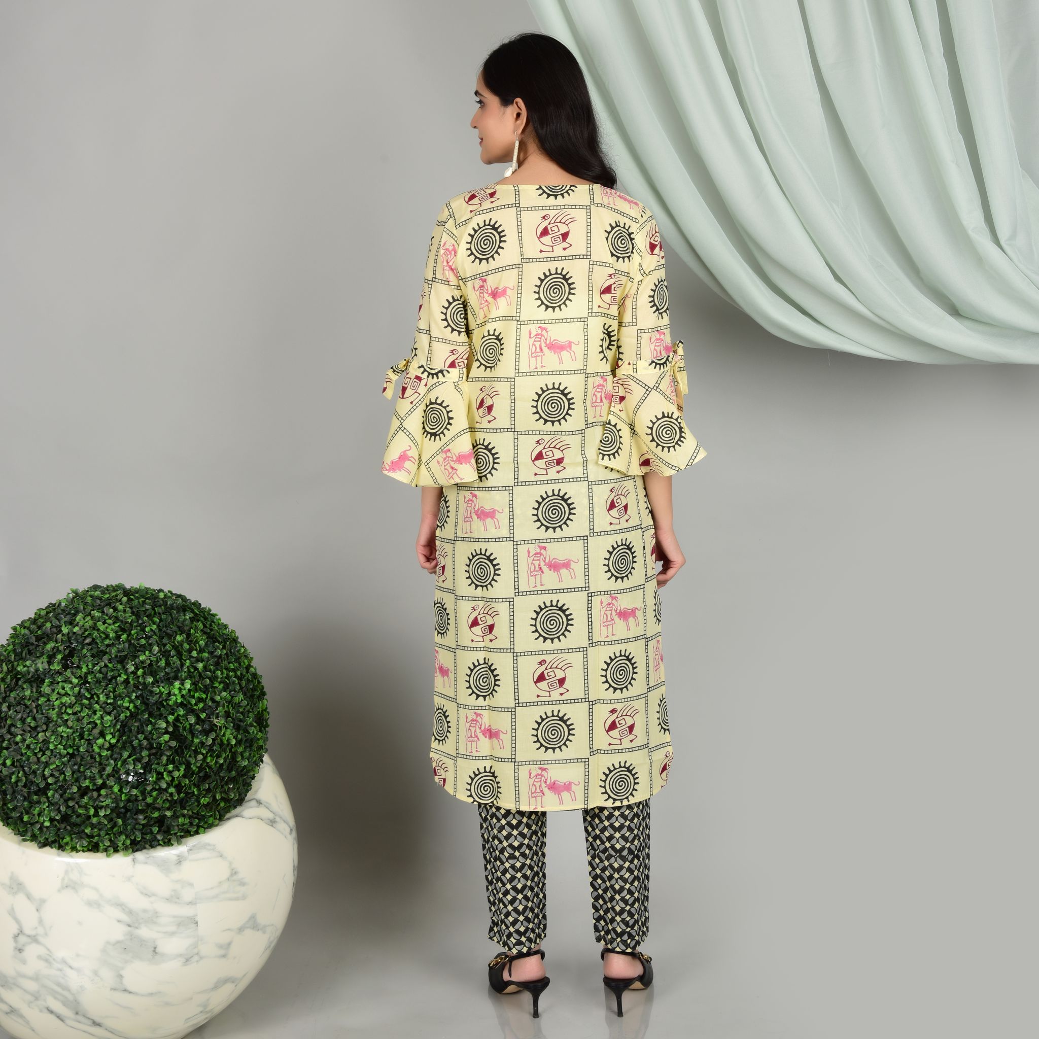 MELLOW YELLOW HAND BLOCK PRINTS PURE COTTON KURTI ADORNED WITH "BELL SHAPED SLEEVES" SET OF 2 view 2