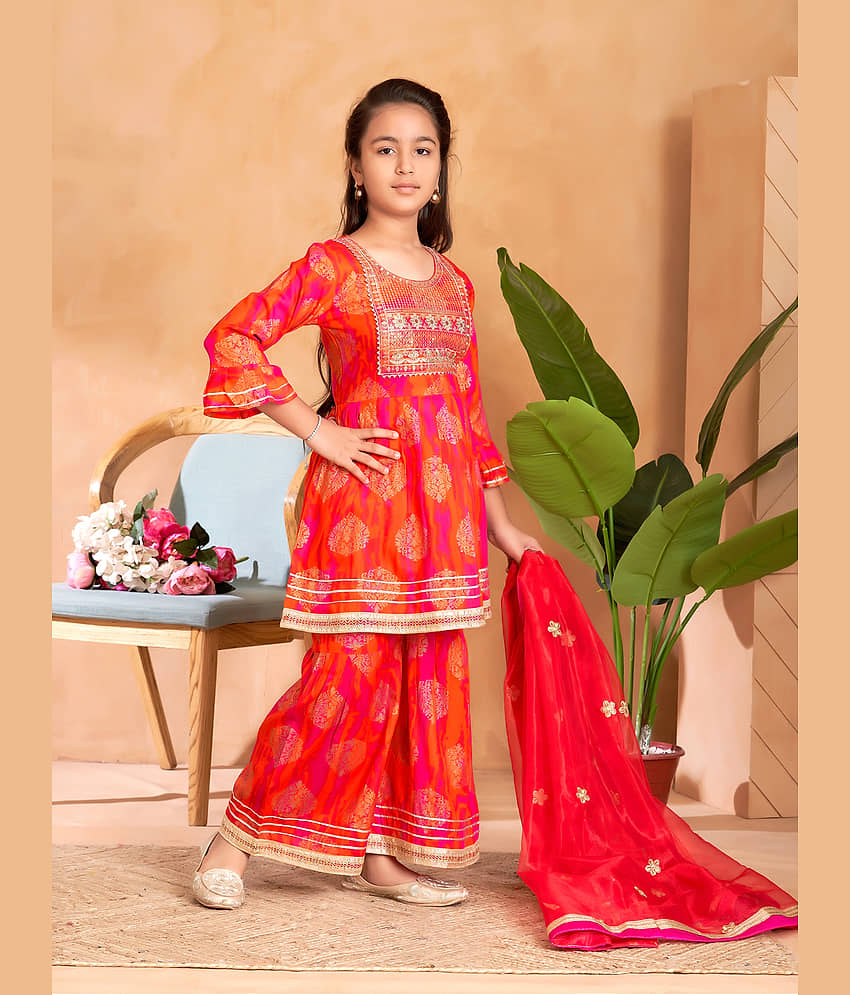 Aarika Girls Rayon Kurti with Sharara ( Pack of 1 , Orange ) view 2
