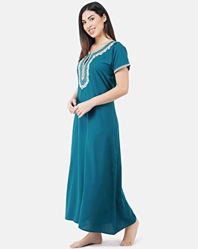 KOI SLEEPWEAR Premium Women White Contrast Embroidery Night Gown Lizzybizzy Cotton Nighty Maxi (Large, Teal Blue)� view 2