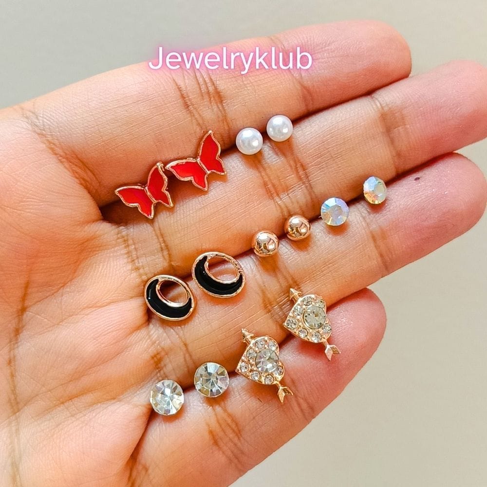 Jewelryklub Combo Set Of 7 Pairs Celebrity Inspired Latest Trendy Stylish Rose Gold Plated Pearl Stud Earrings for Women and Girls (Design 7) view 2