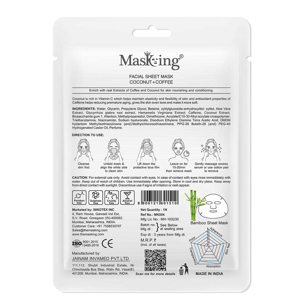 MasKing Bamboo Facial Sheet Mask of Coconut & Coffee for Skin Nourishing & Conditioning Ideal for Women & Men 20ml, (Pack of 1) view 2
