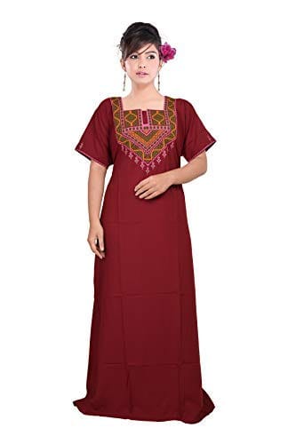 VALENCIA SLEEPWEAR lissybissy Cotton Resham Embroidery Nighty Night Gown Maxi for Women A line (Maroon)