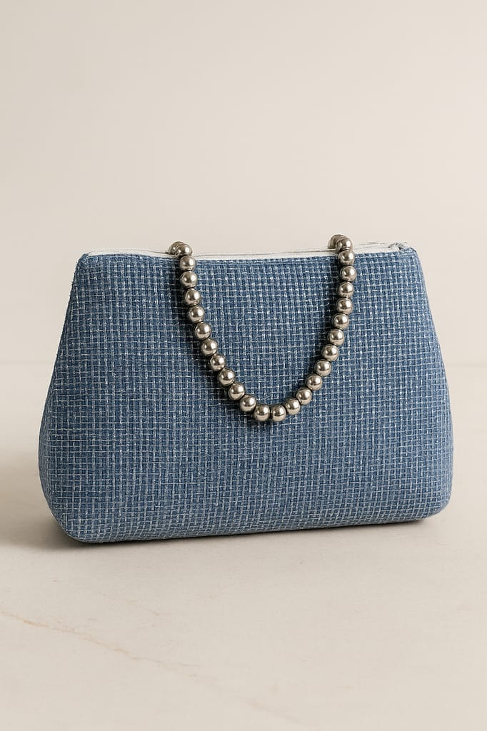 Elegant Blue Handbag with Beaded Handle view 2