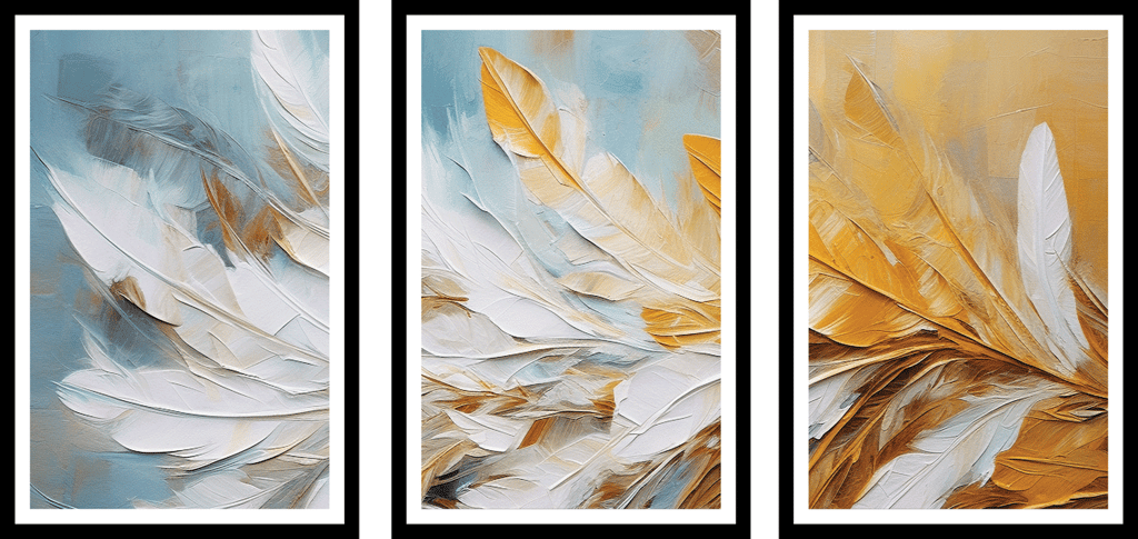 SET OF 3 MODERN ABSTRACT FEATHERS WALL ART 48in X 24in WITH BLACK FRAME view 2