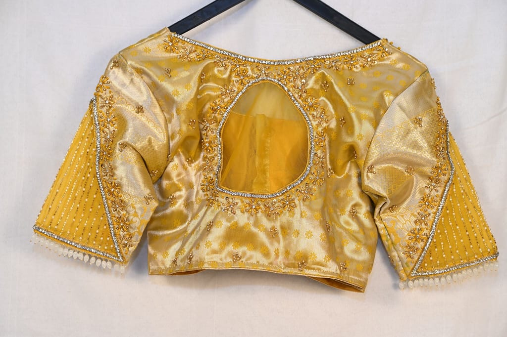 Golden Brocade Blouse with Pearl and Bead Embroidered Sleeves view 2