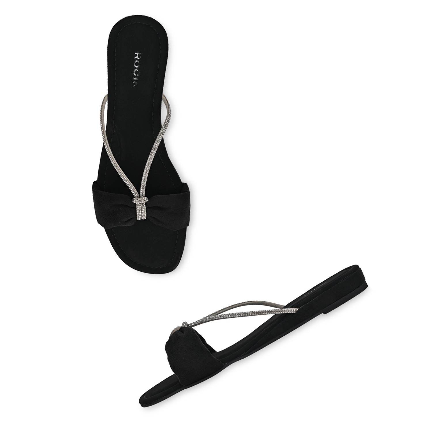 Black Women Diamante Strap Flats view 2