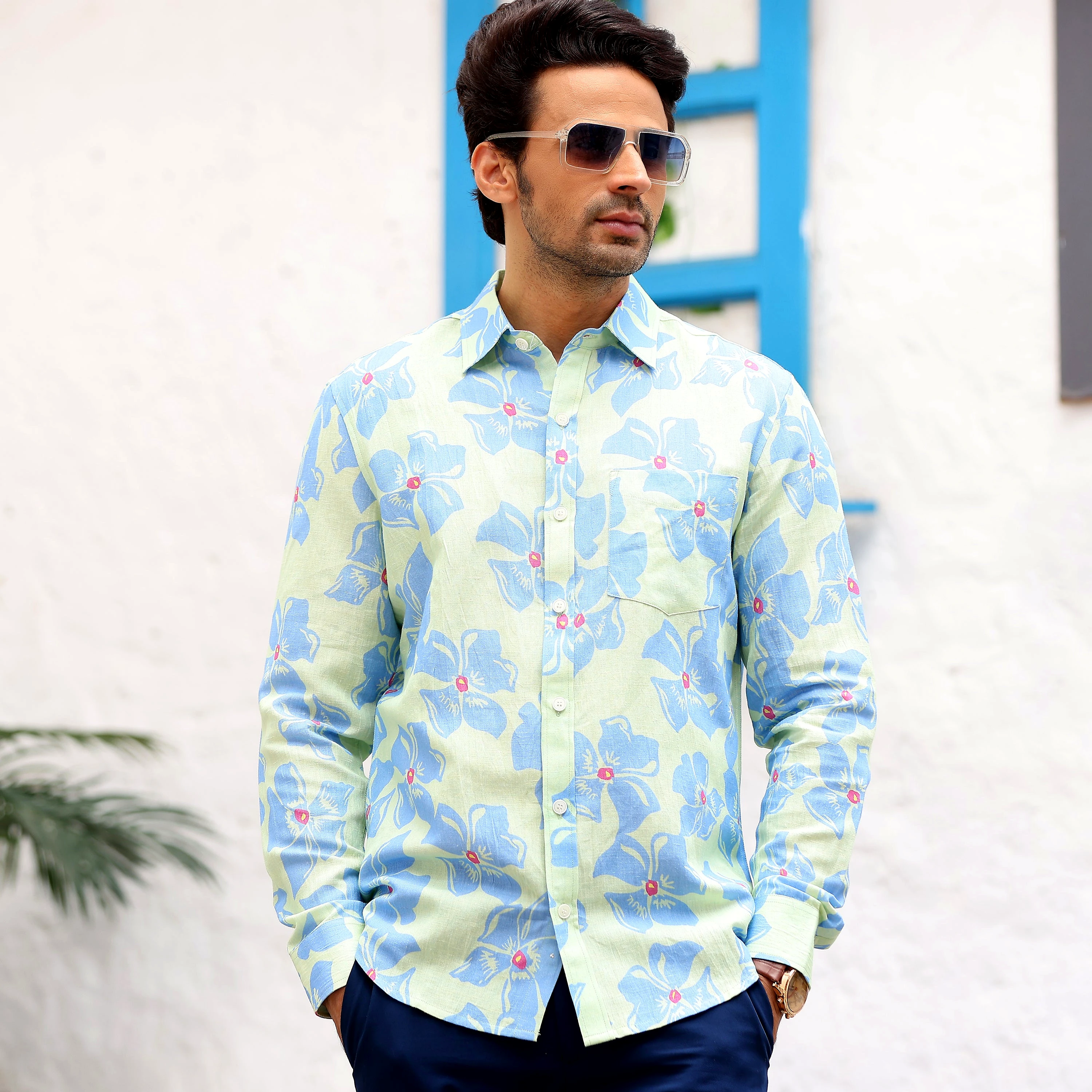 Lilac Mint Casual Pure Linen Full Shirt (Size - XL) by BLUE EAGLE view 2