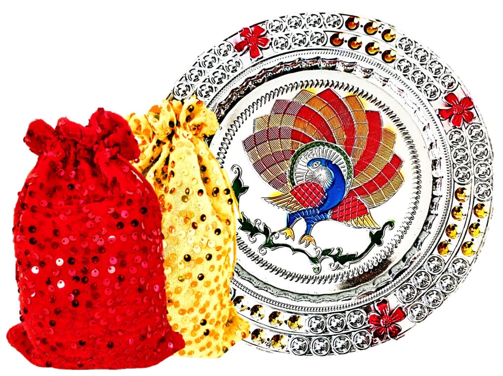 Omkar by R3 Inc. Multicolor Silver Gift Plate with Shagun Potli for Gifts Hampers | Fancy Hamper| Wedding Basket / Pouch for gift Packing (Pack of 3) view 2