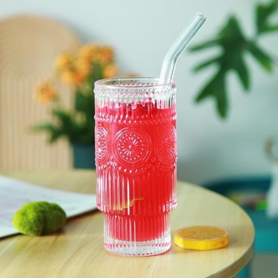 Vintage Glass Tumbler with Bamboo Lid and Straw 400 ML, Pack of 1 Drinking Glasses, Sipper Bottle for Cocktail, Coffee, Beverages, Iced Tea, Hot & Cold Drinks Cup view 2