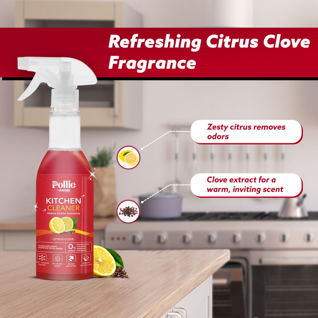 Pollie Kitchen Cleaner | Powerful Grease & Stain Remover for Indian Kitchens | Multi-Surface Use on Chimneys, Stovetops, Countertops & Appliances (Makes 1.8L) view 2