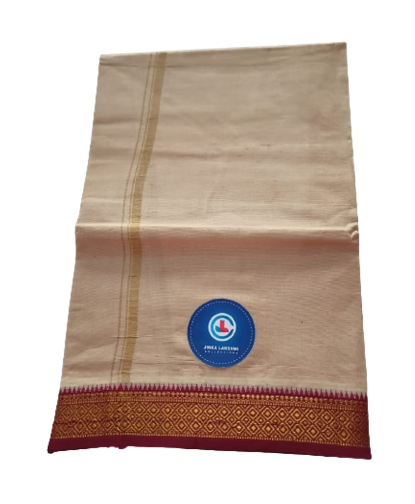 JINKA LAKSHMI COLLECTIONS 100% Pure Cotton Biege Color Dhoti With Zari 4 Meters Unstitched Pack of 1 (Maroon Border) view 2