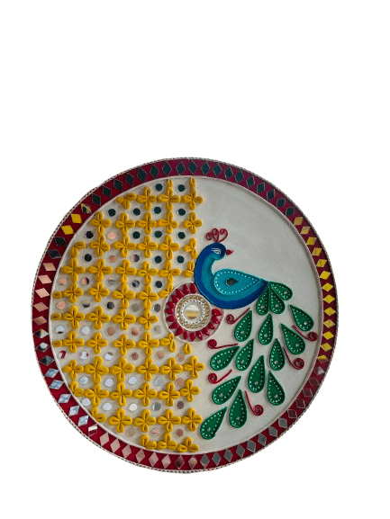 [Pack of 4] Handcrafted Lippan Art Wall Plate with Peacock Design – 12 Inch Decorative Mural