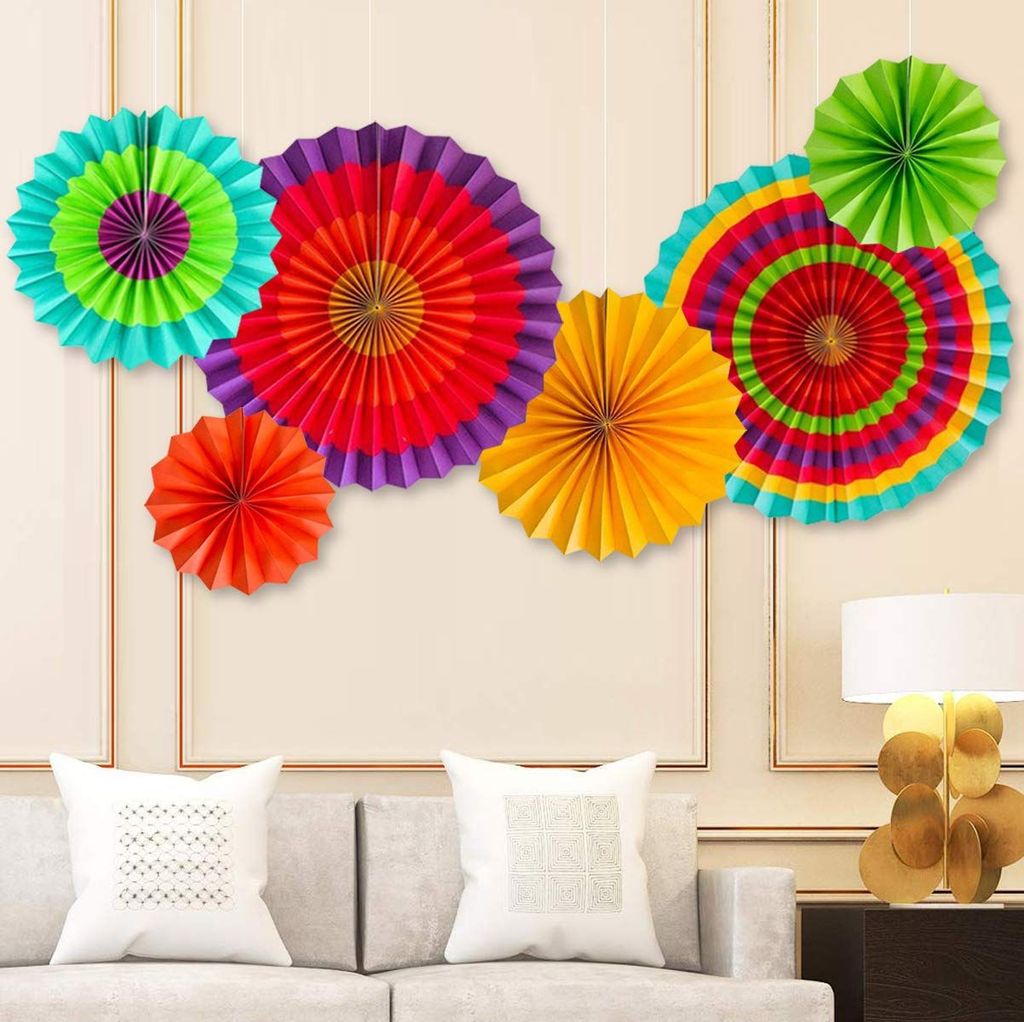Multicolor Paper Fan Decorations for Weddings, Baby Showers, Birthdays, Holi, Lohri, Diwali festivals pack of 6 view 2