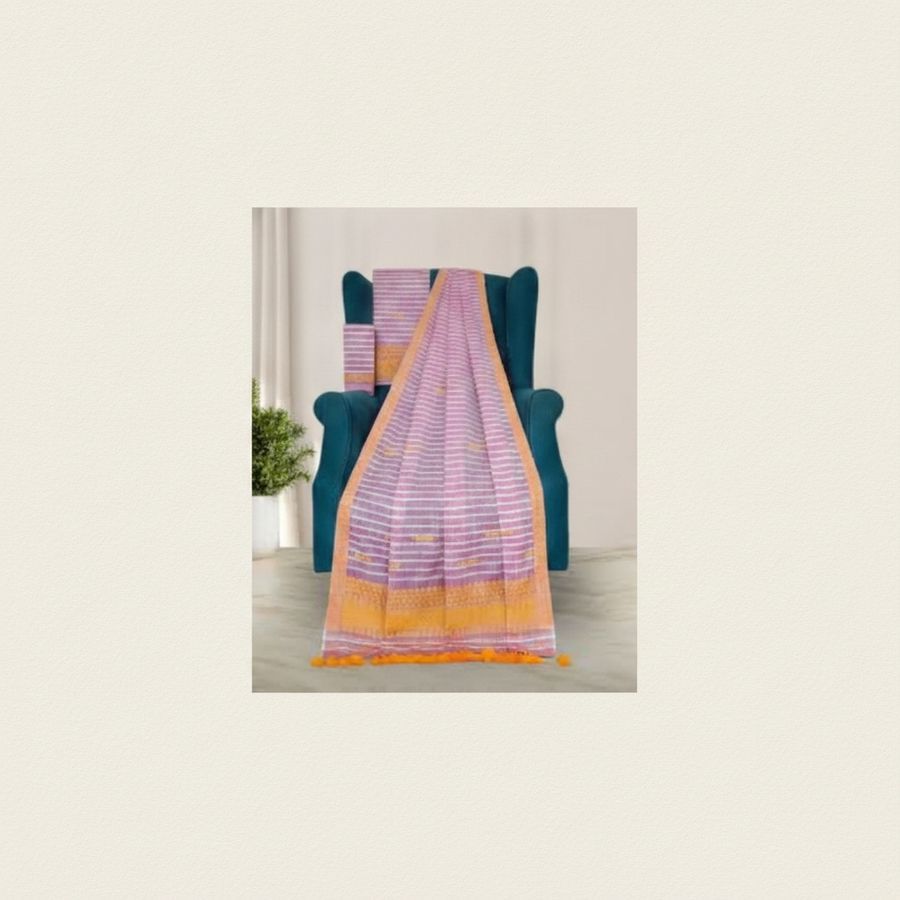 Traditional Striped Cotton Saree with Tassels view 2