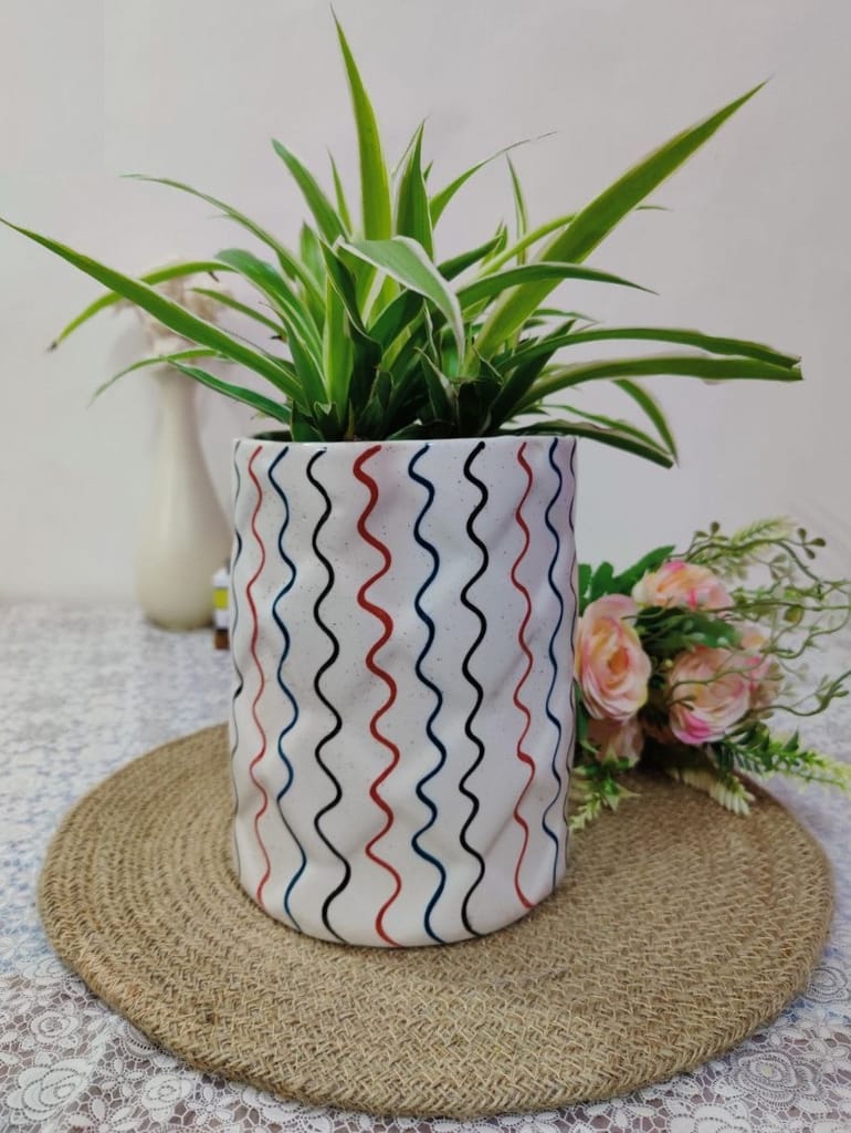 Homefrills Stylish Cylinder Shape White Colour with Multicolour line Design Ceramic Planter Pot for Indoor & Outdoor Home, Garden, Office Decor,Balcony Planters Pot Gamla Size-14 * 18 cm Colour-White view 2